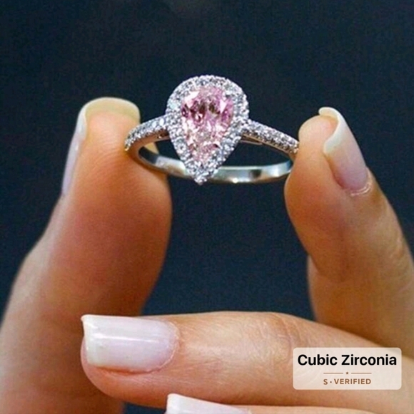 925 Sterling Silver Pear Cut Cubic Zirconia Pink Teardrop Ring Sz 7 - Picture 5 of 7
